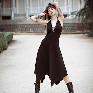 Black V-neck maxi open back dress. Dark boho witch halter dress. Goth grunge dress. Fairy maxi dress. Bohemian dress. Elven festival clothes