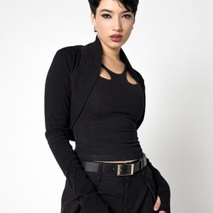 Organic cotton knit Elegant black cropped bolero shrug with long thumbhole sleeves – goth Cocktail minimalist knit cardigan. image 8