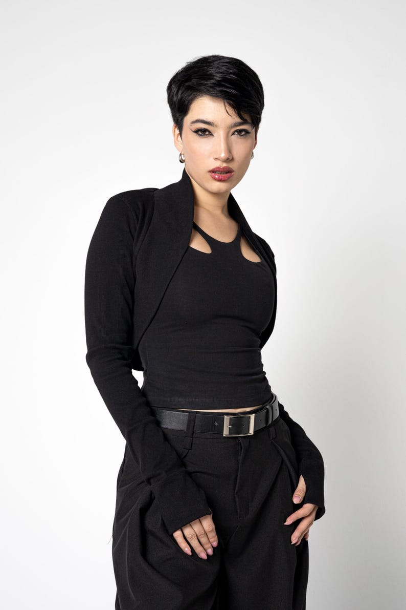 Organic cotton knit Elegant black cropped bolero shrug with long thumbhole sleeves – goth Cocktail minimalist knit cardigan. image 8