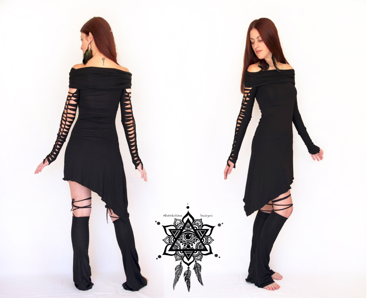 Gothic tunic dress. Braided goth dress. Cowl neck dress, fantasy dress,  Pixie dress, halloween dress, hooded goth dress, hooded winter dress