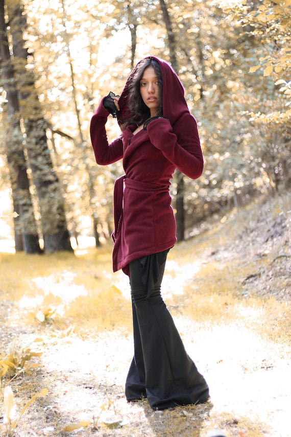 Wine Fleece Hooded Coat. Long Wrap Winter Coat. Pixie Fleece 