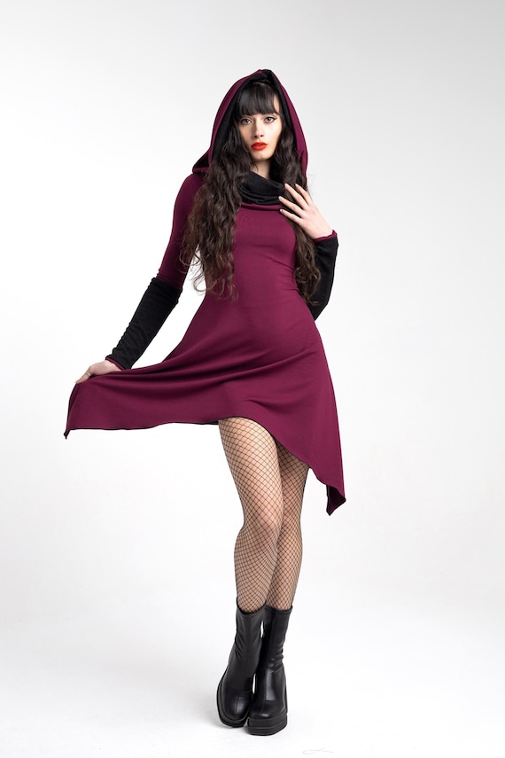 Wine Pixie cowl hooded tunic dress. Pixie Winter Long sleeve cowl neck dress. Fairy dress. Elven hooded dress. Elven clothes. Goth dress.