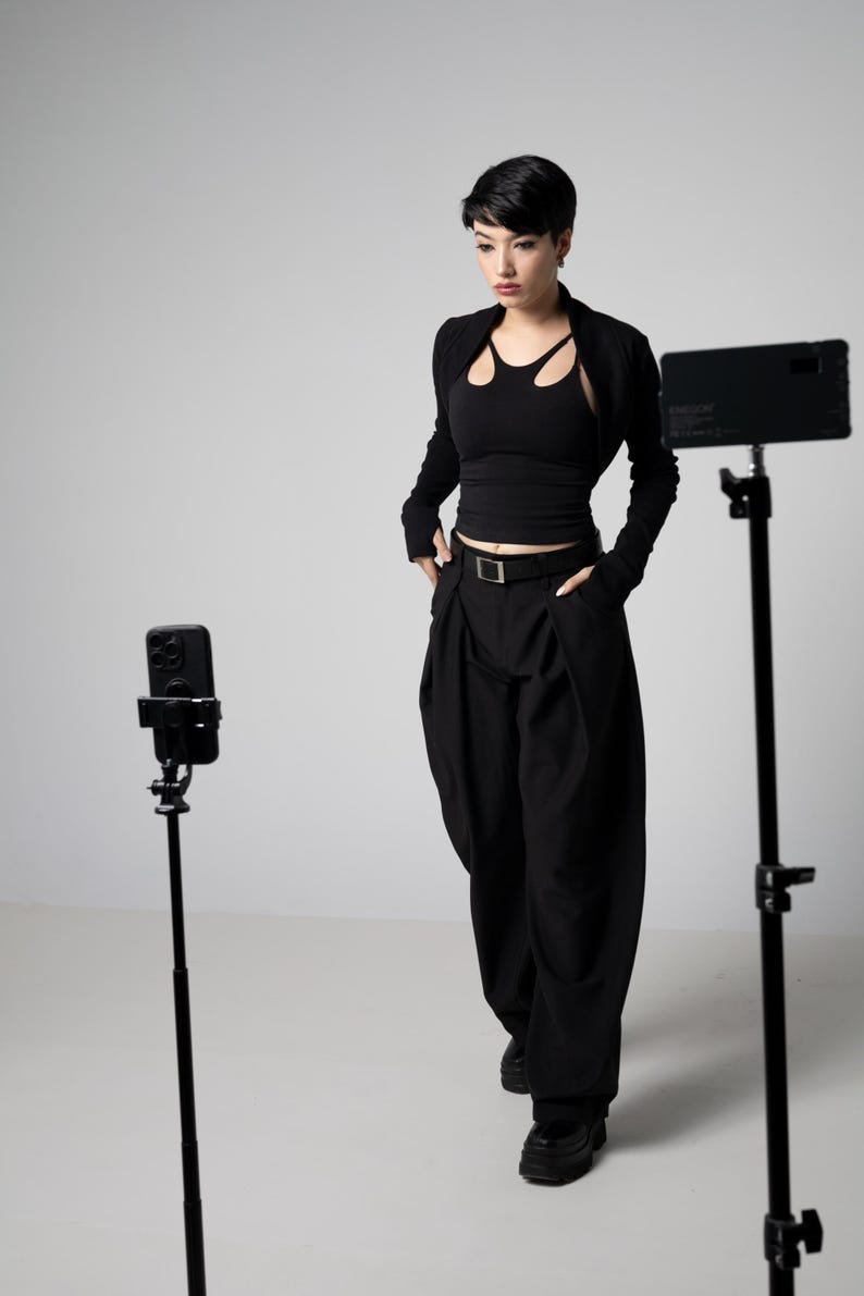 Organic cotton knit Elegant black cropped bolero shrug with long thumbhole sleeves – goth Cocktail minimalist knit cardigan. image 2
