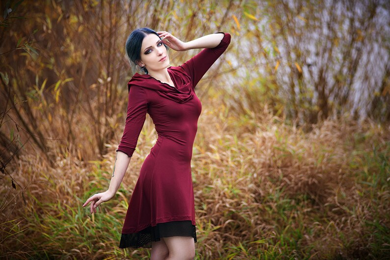 Wine Hooded dress Cowl neck dress Medieval dress Festival clothing Gothic dress winter dress Hippie dress Gypsy Elven dress