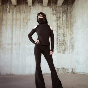 Black festival long sleeve top with dust mask. Hooded elven sweater. Pixie Hooded sweatshirt. Autumn winter pullover. Boho pixie clothing image 10