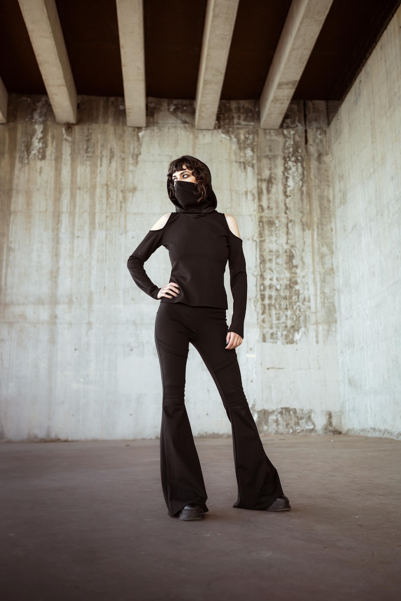Black festival long sleeve top with dust mask. Hooded elven sweater. Pixie Hooded sweatshirt. Autumn winter pullover. Boho pixie clothing image 10