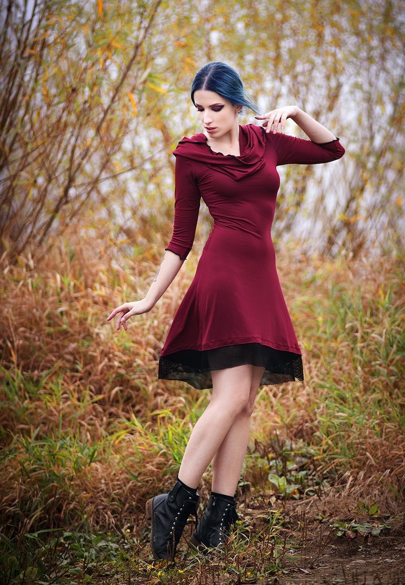 Wine Hooded dress Cowl neck dress Medieval dress Festival clothing Gothic dress winter dress Hippie dress Gypsy Elven dress
