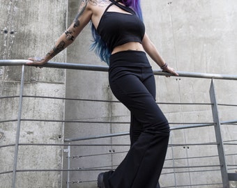 Hight Waist Bell Bottom Pants With Pockets. Goth Black Flare