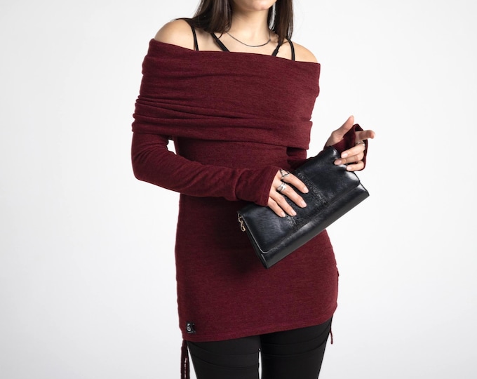 Red Women's cowl neck Sweater  / Autumn winter Long Hooded Pullover Sweater / Boho hooded pullover / hooded top