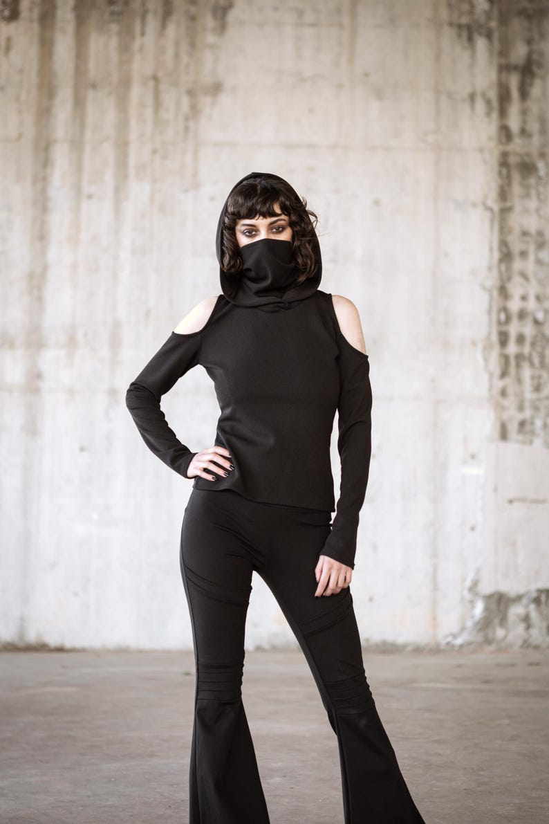 Black festival long sleeve top with dust mask. Hooded elven sweater. Pixie Hooded sweatshirt. Autumn winter pullover. Boho pixie clothing image 3