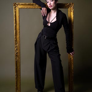 Organic cotton knit Elegant black cropped bolero shrug with long thumbhole sleeves – goth Cocktail minimalist knit cardigan. image 14