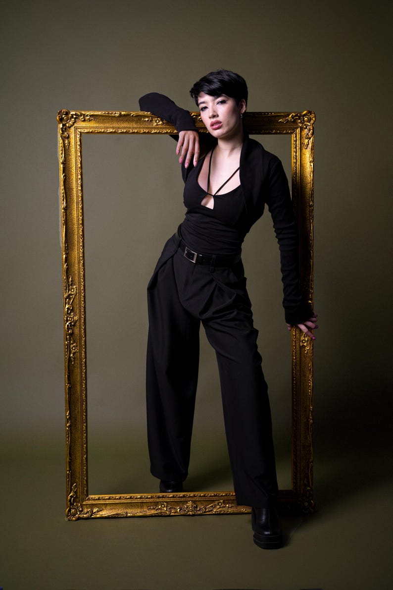 Organic cotton knit Elegant black cropped bolero shrug with long thumbhole sleeves – goth Cocktail minimalist knit cardigan. image 14