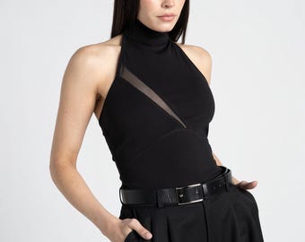Haut dos nu Itala - Tailles S à 3XL. Haut noir habillé sans dos. Idéal pour un mariage. Vêtements minimalistes.