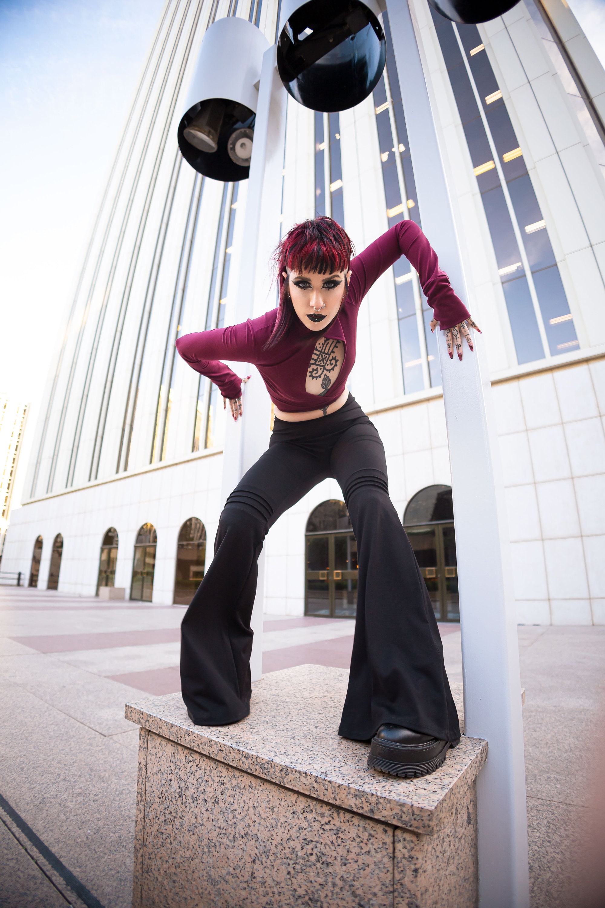 Black Bell Bottoms High Waist stretch Flares Futuristic bell bottoms Gothic steampunk pants Festival flares rave bottoms gothic pants