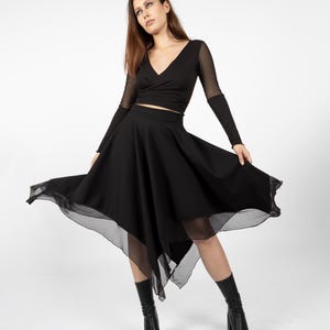 Pleated Witch mesh black midi asymmetric skirt. Fairy witch long skirt. Gothic maxi skirt. Dance skirt. Fairy clothing. Halloween skirt
