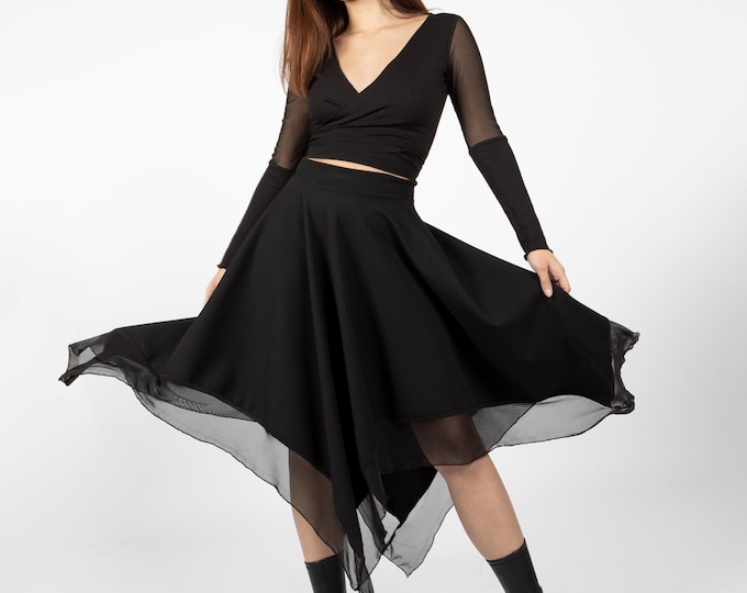 Witch mesh black midi asymmetric skirt. Fairy witch long skirt. Gothic maxi skirt. Dance skirt. Fairy clothing. Festival skirt.