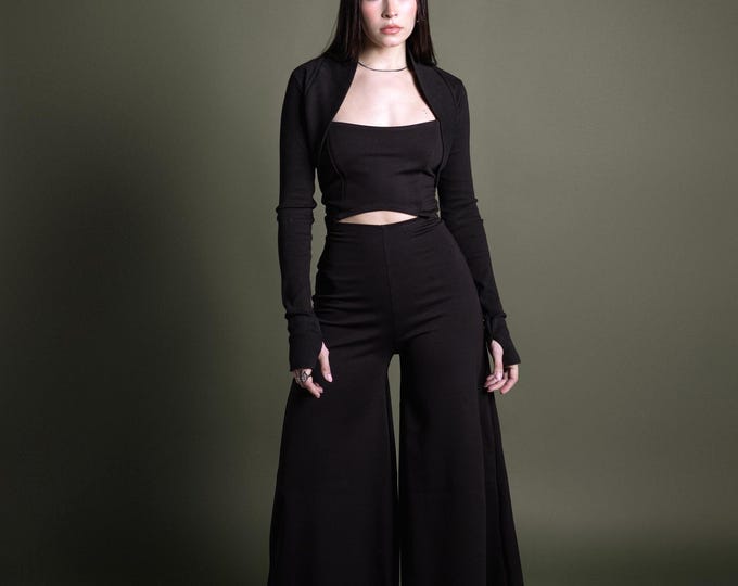 SET - Black Wide leg jumpsuit + Organic cotton Shrug. Festival jumpsuit. Cocktail formal jumpsuit. Minimal overall. Palazzo romper.