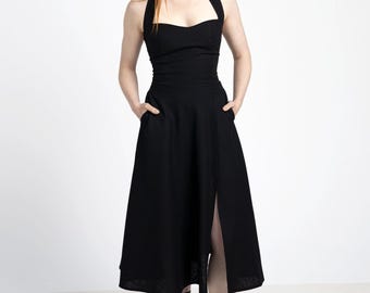 Robe Monroe en lin dos nu mi-longue à bretelles et poches