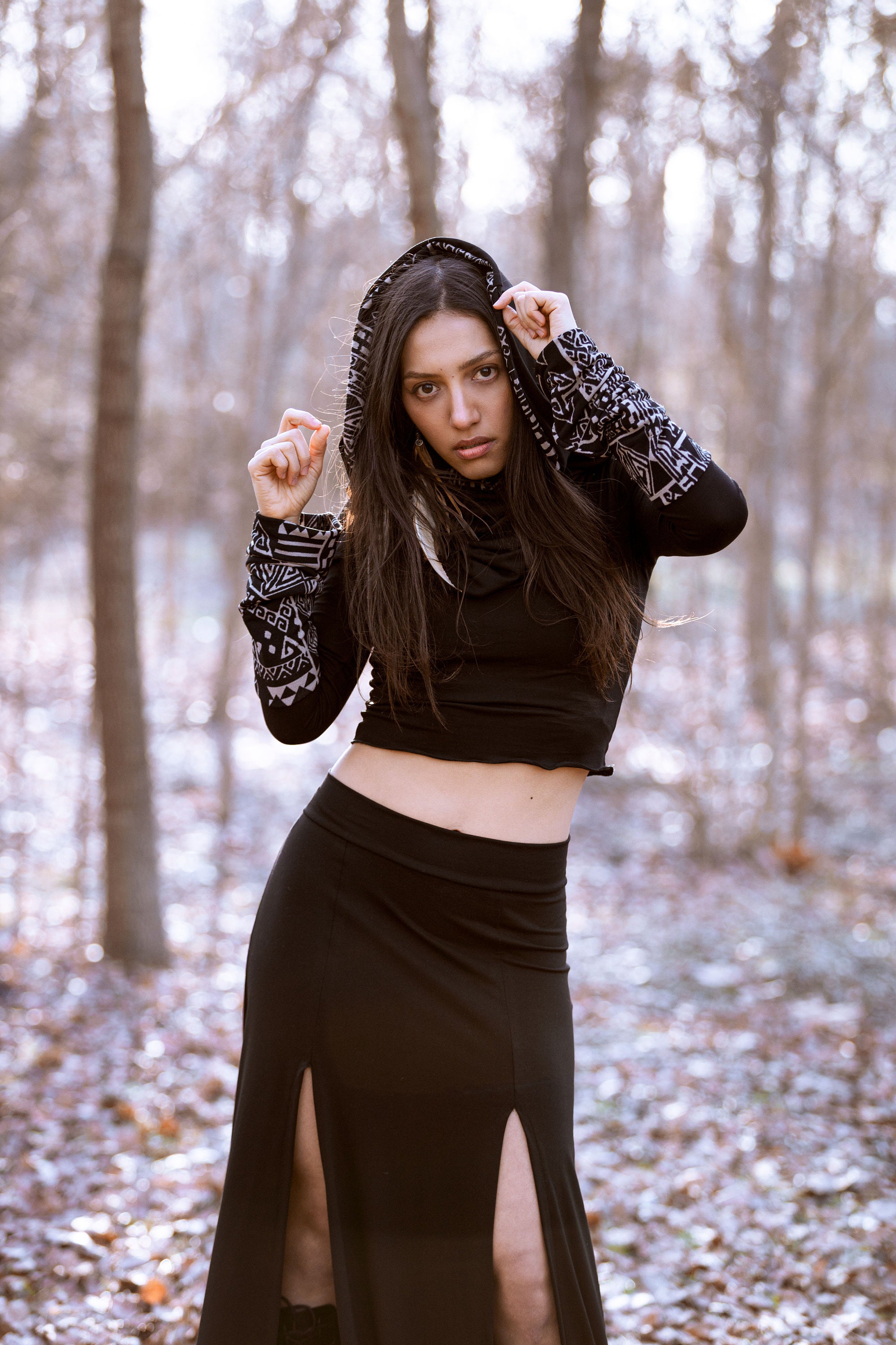 Boho Hooded crop top. Long sleeve top 