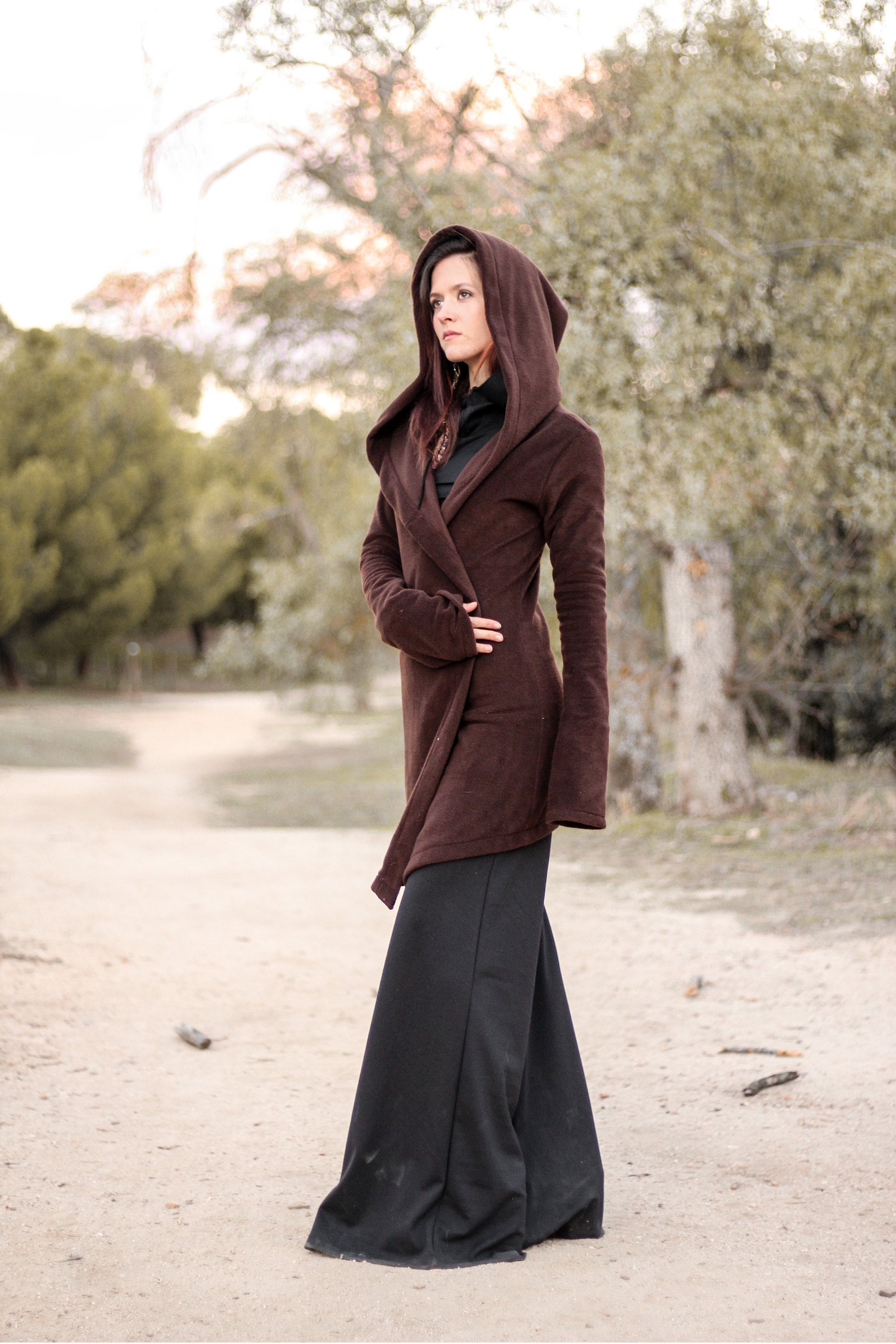 Brown Hooded Coat. Long Wrap Winter Coat. Medieval Fleece 