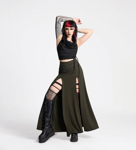 Green Long Skirt With Front Split Dance Costume Fire