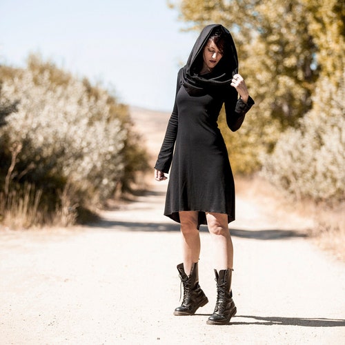 Long Sleeve Winter Black Hooded Dress. Goth Dress. Winter - Etsy