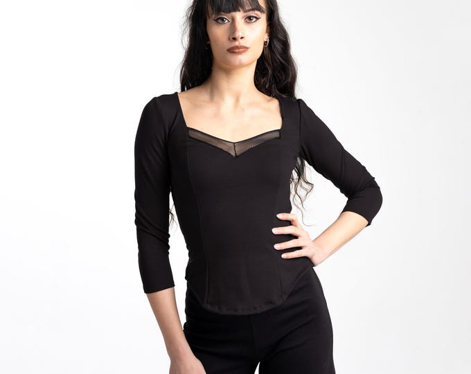 Black Square Neck top, Gothic fitted sleeve blouse, 3/4 Sleeve gothic top, Elegant Cocktail Top, fae goth top