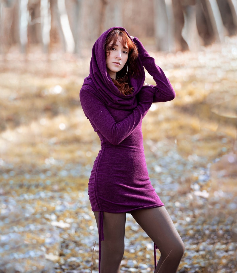 Hooded pixie sweater tunic dress. Sweater hooded dress. Faery tunic. Cowl neck Elven hooded tunic dress. Bohemian dress. sweatshirt dress image 2