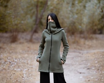 Black Winter Hoodie Coat, Gothic Face Mask Hooded Cotton