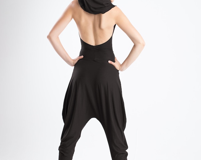 Harem Hooded Jumpsuit | Backless Yoga Romper | Cowl Neck Festival Outfit | Boho Aladdin Jumpsuit | Rave, Techwear, Burning Man clothes.