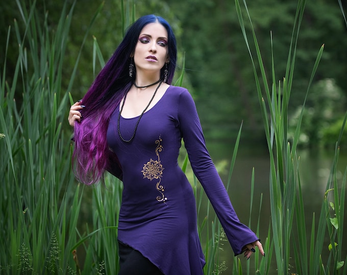 Square neck long sleeve pixie top. Elven purple top. Faery sleeve top. Winter asymmetric top. Fairy goth top. Gothic sweater. Elven clothes