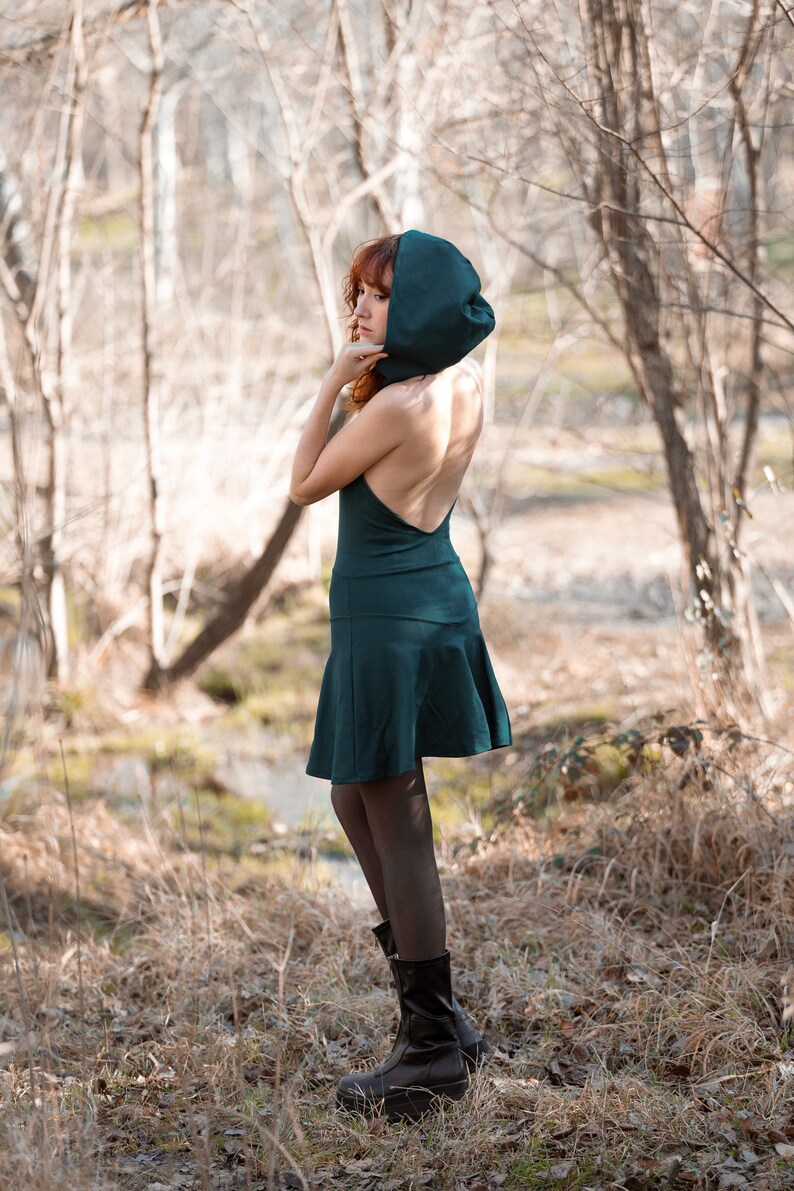 Hooded backless elven mini skater dress. Festival fairy dress. Festival clothing. Rave outfit. Pixie gothic hooded dress. Gothic dress image 9