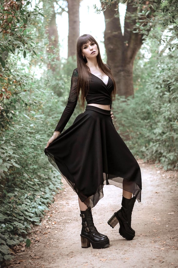 Black Asymmetric Midi Mesh Skirt. Autumn Winter Fairy Witch
