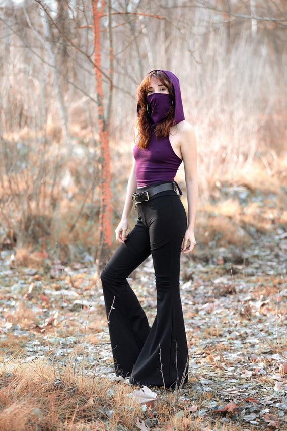 Lady Floral Velvet Bell Bottoms Flare Pants Trousers Black Gothic