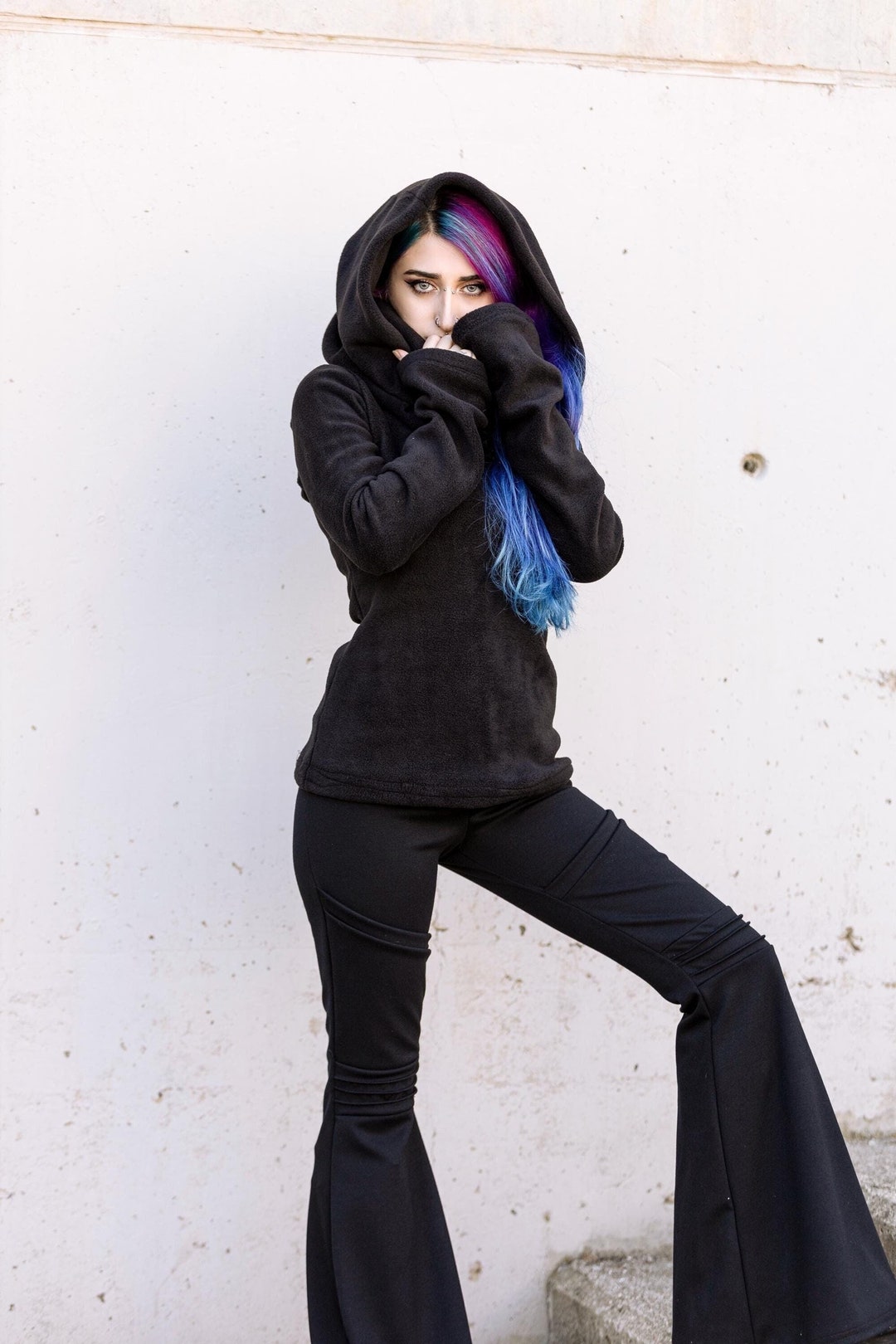 Black Sweatshirt Fleece Top. Winter Hooded Top. Cowl Polar