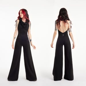 Hooded backless jumpsuit. Goth jumpsuit. Wedding jumpsuit. Steampunk romper. Wide leg romper. festival clothes. Yoga clothes.