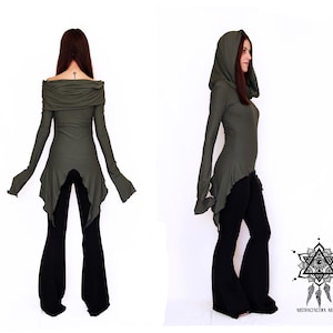 Elven hooded cardigan. Cowl neck pixie tunic. Winter sleeve faery top. Hooded pixie top. Off the shoulder pullover. faery winter top. image 10