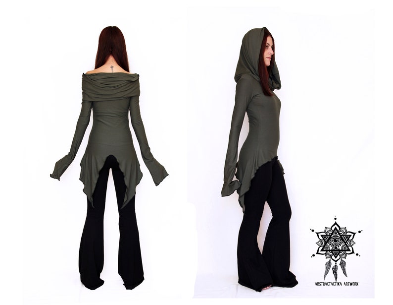 Elven hooded cardigan. Cowl neck pixie tunic. Winter sleeve faery top. Hooded pixie top. Off the shoulder pullover. faery winter top. image 10