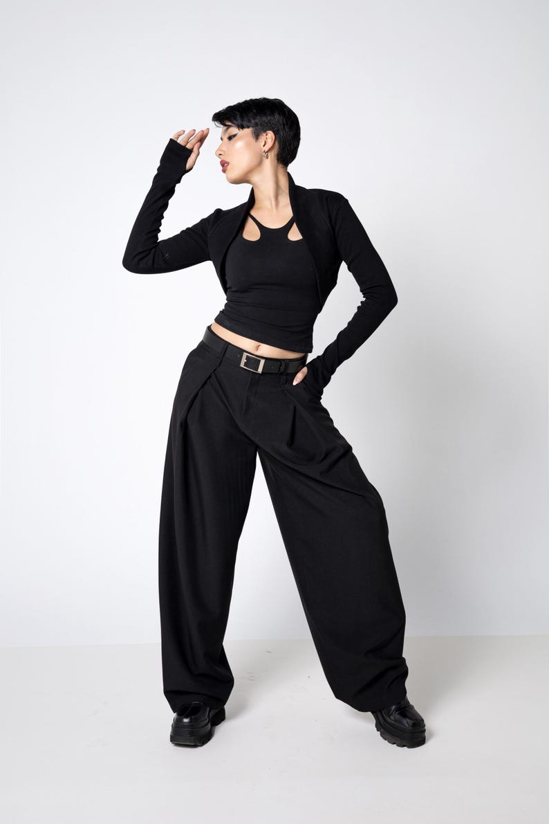 Organic cotton knit Elegant black cropped bolero shrug with long thumbhole sleeves – goth Cocktail minimalist knit cardigan. image 7