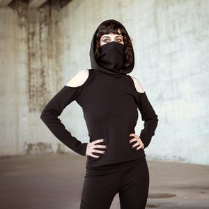 Black festival long sleeve top with dust mask. Hooded elven sweater. Pixie Hooded sweatshirt. Autumn winter pullover. Boho pixie clothing image 5