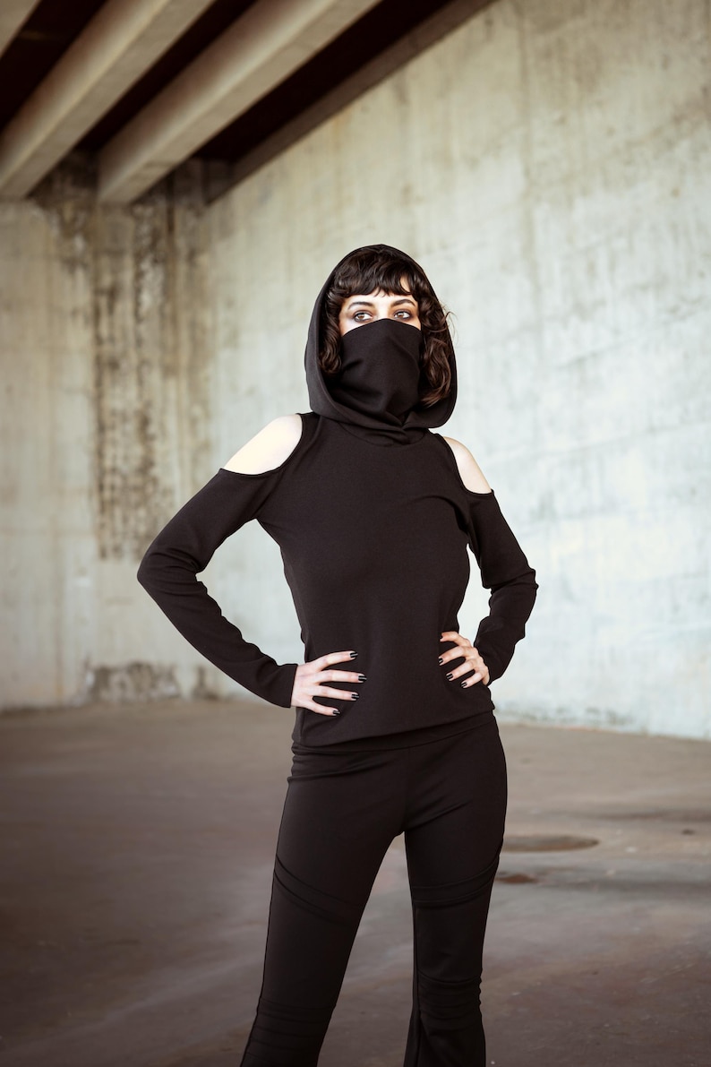 Black festival long sleeve top with dust mask. Hooded elven sweater. Pixie Hooded sweatshirt. Autumn winter pullover. Boho pixie clothing image 5