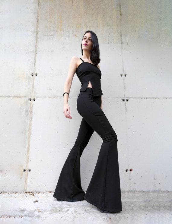 Black Bell Bottoms High Waist Stretch Flares Futuristic Bell Bottoms Gothic Steampunk Pants Festival Flares Rave Bottoms Gothic Pants Etsy Canada
