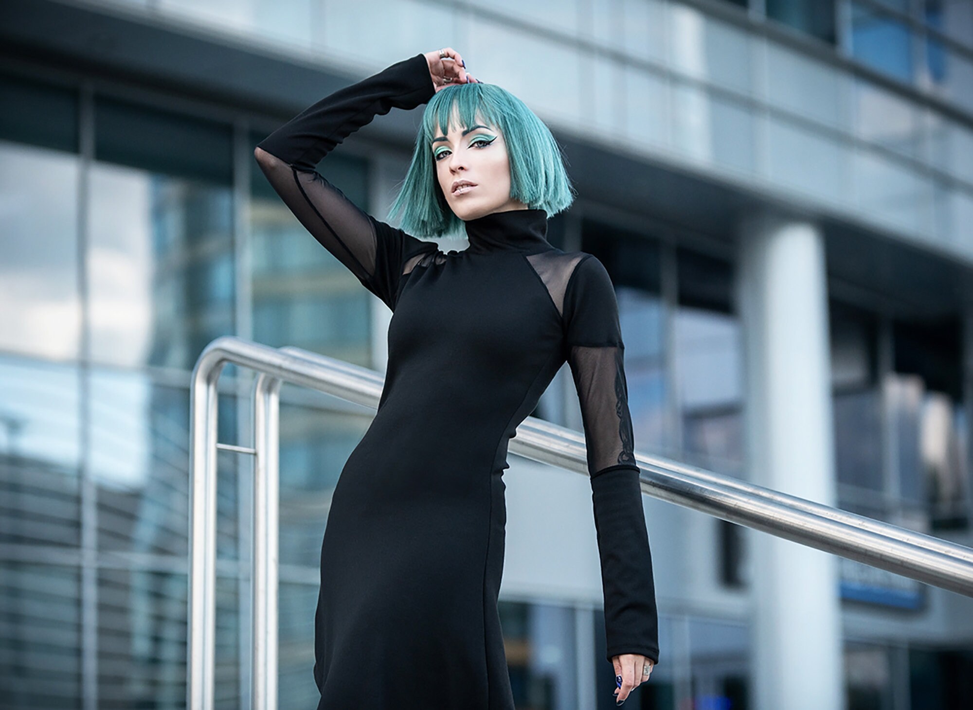 Black Asymmetric Dress Minimalist Dress Long Sleeve Turtle Neck Dress