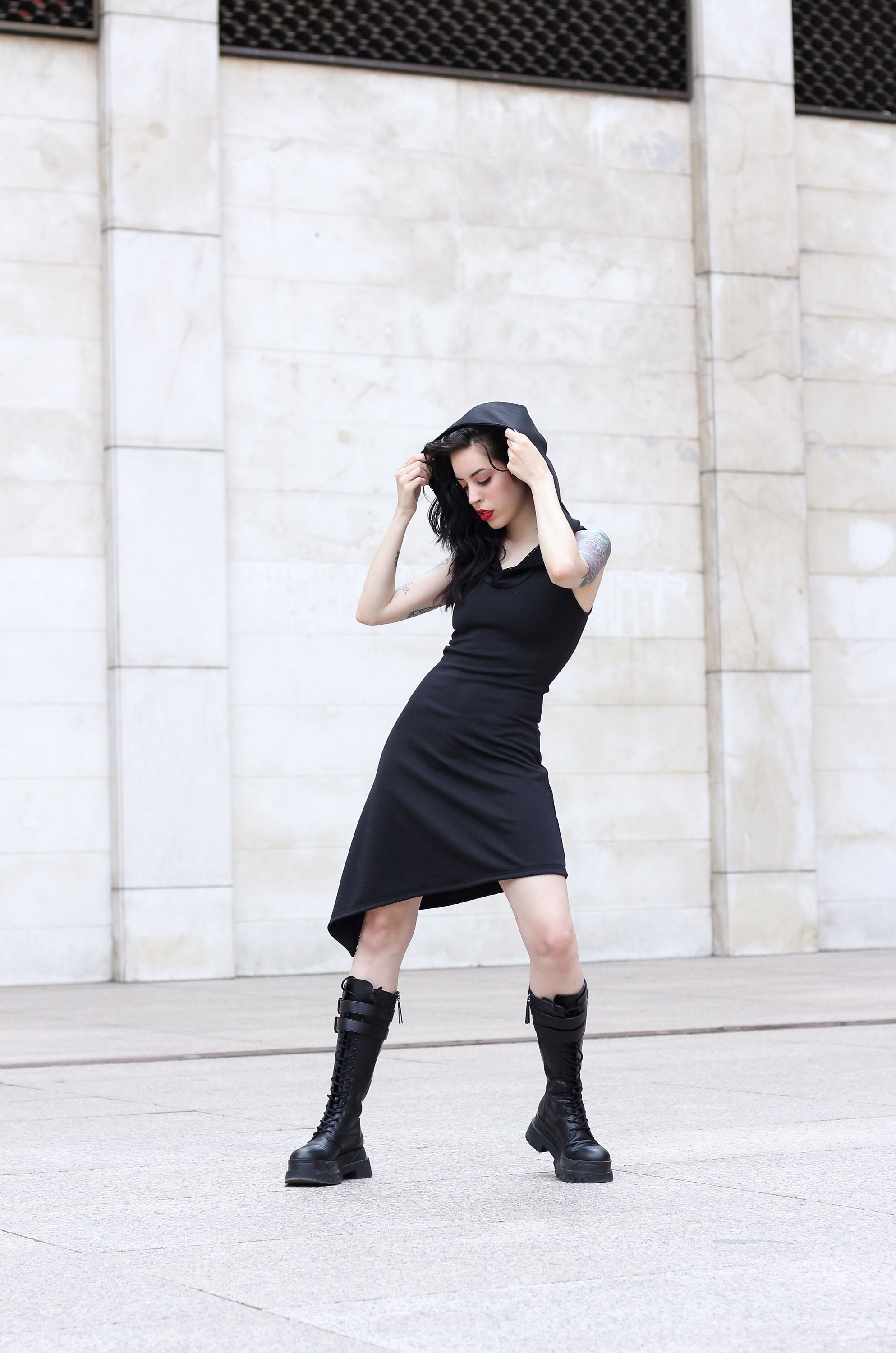 Sleeveless hooded tunic dress. Goth hooded dress. Festival punk