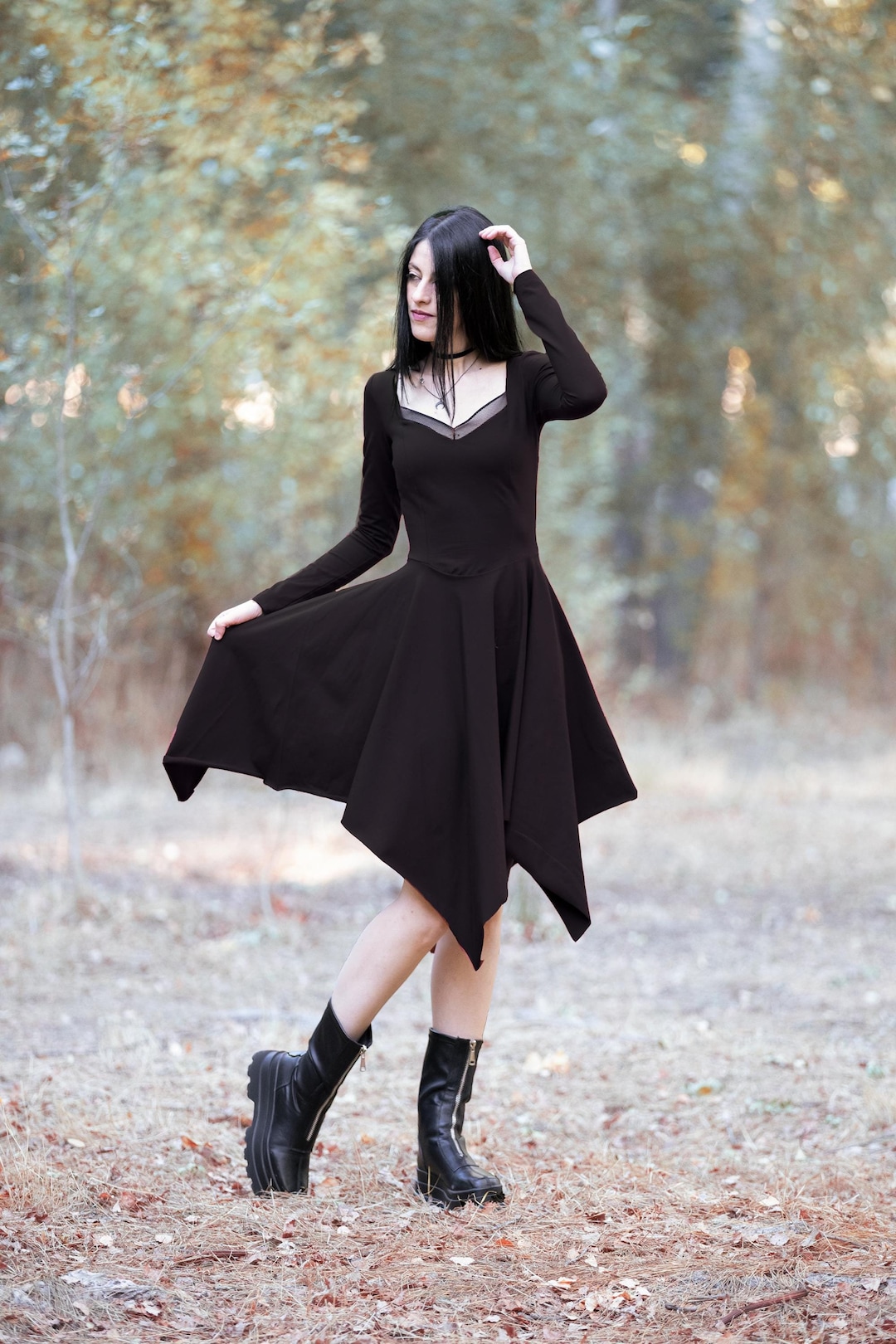 Black Maxi Corset Dress With Long Sleeve / Autumn Winter Medieval