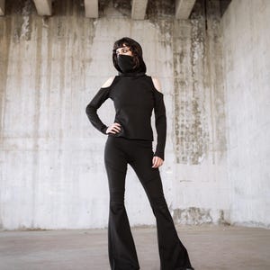 Black festival long sleeve top with dust mask. Hooded elven sweater. Pixie Hooded sweatshirt. Autumn winter pullover. Boho pixie clothing image 4