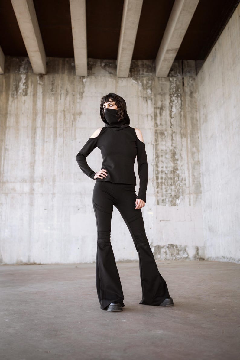 Black festival long sleeve top with dust mask. Hooded elven sweater. Pixie Hooded sweatshirt. Autumn winter pullover. Boho pixie clothing image 4