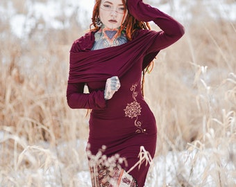 Organic Bamboo Tunic pixie hooded dress  / Cowl Neck faery dress / Faery tunic  / Elven winter dress / festival dress / Elven clothing