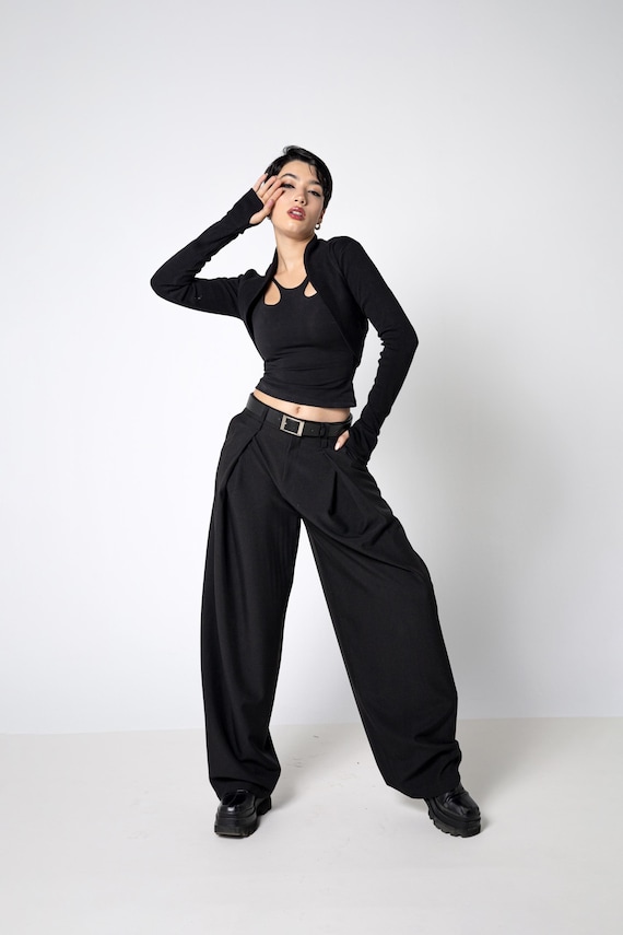 Black Pleated Wide Leg Pants With Pocket. Autumn Winter Baggy