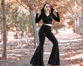 Black Lace Up Bell Bottoms, Goth Flare Pant, Goth Bell Bottoms